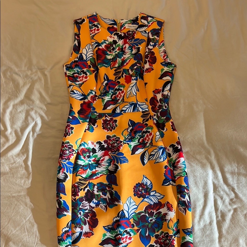 Calvin Klein Blue Sheath Midi Dress Crew Neck Sleeveless